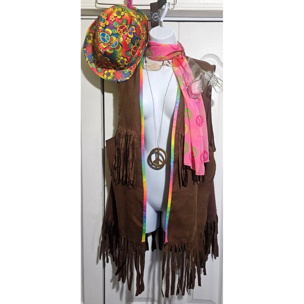 Hippie Costume Set Fringe Vest 60s 70s Psychedelic Peace Fedora Necklace Women's